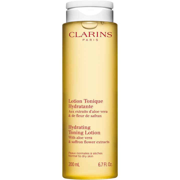 Clarins Hydrating Toning Lotion 200 ml fugtgivende skintonic med aloe vera i klar gul flaske med hvidt låg.