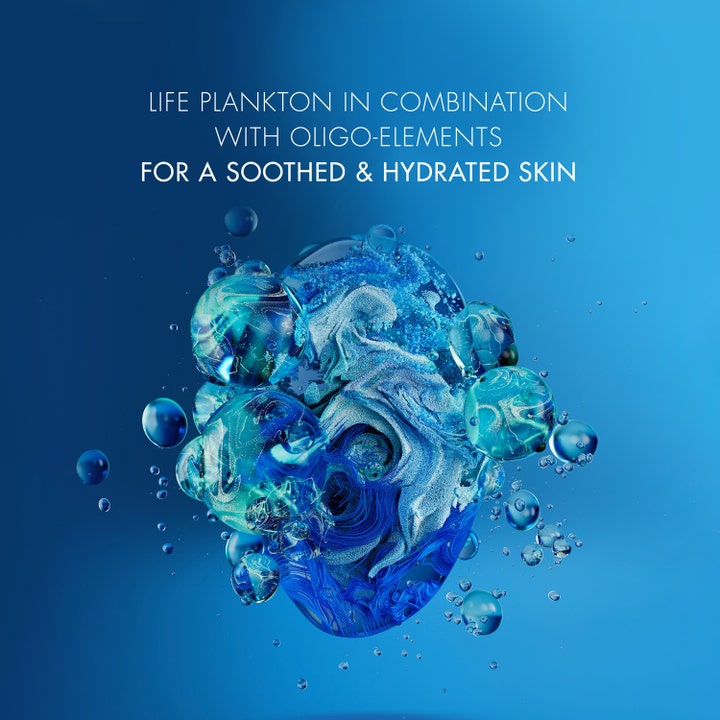 Biotherm Homme Aquapower Comfort 75 ml fugtgivende ansigtscreme med Life Plankton og oligo-elementer i blå bobler.