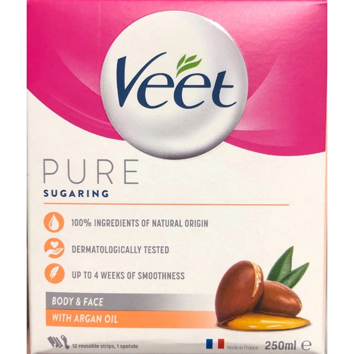 Veet Pure Sugaring 250ml hårfjerning til krop og ansigt med arganolie i hvid og lyserød æske med arganfrugter