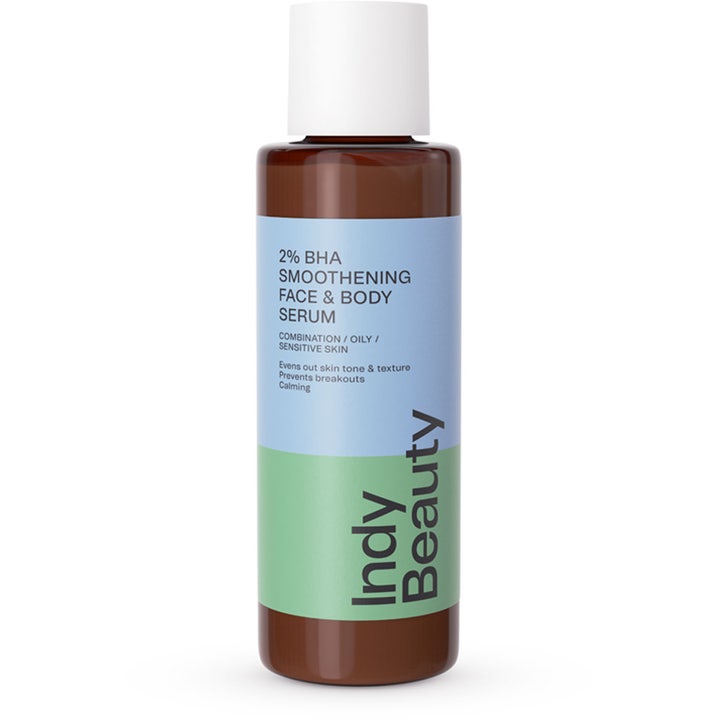 Indy Beauty 2% BHA Smoothening Face & Body Serum 125 ml eksfolierende kropsserum i brun flaske med hvidt låg