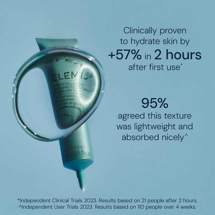Elemis Pro-Collagen Skin Protection Fluid SPF50 40 ml fugtgivende solcreme til ansigtet i grøn tube bag en vanddråbe