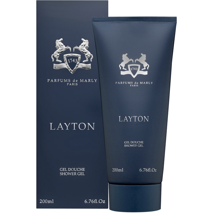 Parfums de Marly Layton 200 ml showergel i en elegant mørkeblå tube og matchende æske med sølvlogo