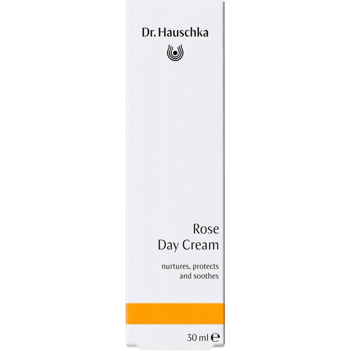 Dr. Hauschka Rose Day Cream 30 ml beroligende dagcreme i hvid emballage med logo og en bred orange stribe