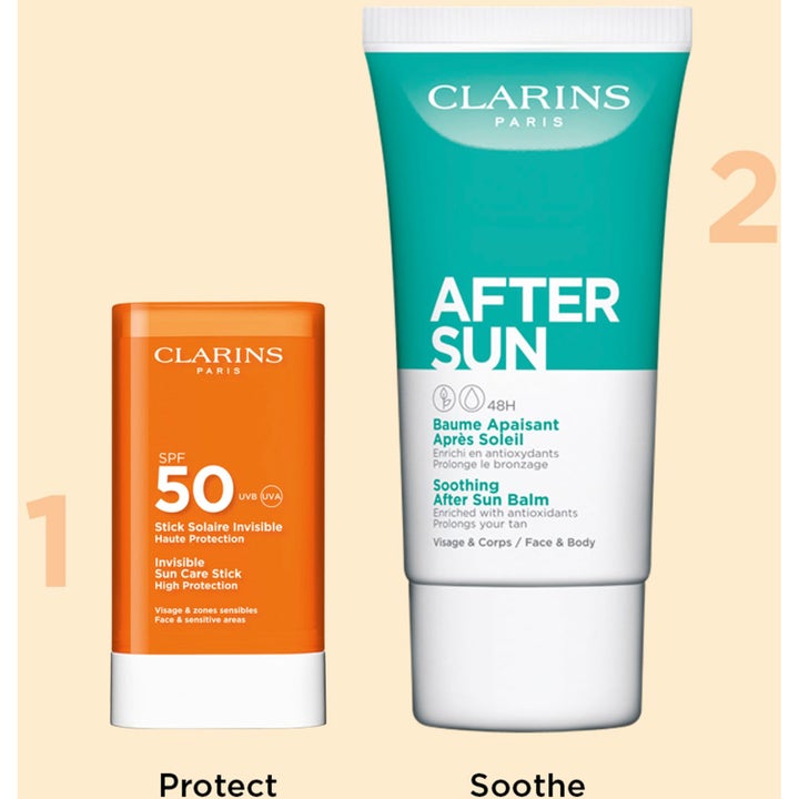 Clarins Invisible Sun Care Stick SPF50 17 g og After Sun Balm som beskytter og beroliger huden
