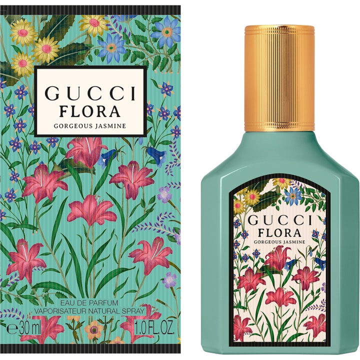 Gucci Flora Gorgeous Jasmine Eau de Parfum 30 ml dameparfume i turkis glasflakon med guldlåg og æske