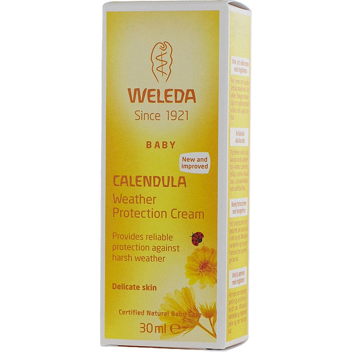 Weleda Calendula Weather Protection Cream 30 ml beskyttende hudcreme til børn i gul papæske med morgenfruer.