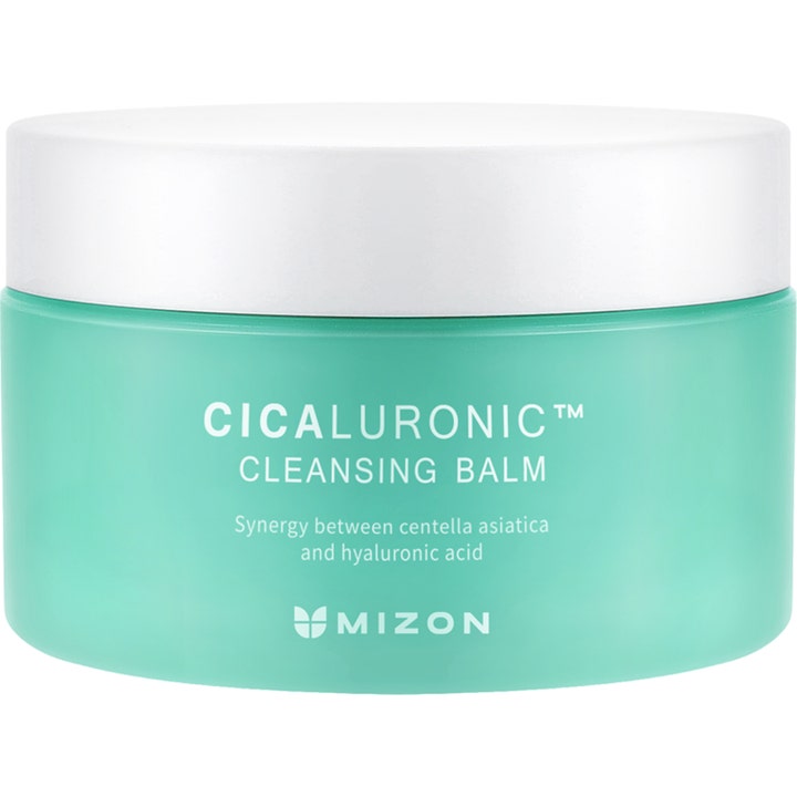 Mizon Cicaluronic Cleansing Balm beroligende ansigtsrens med cica og hyaluronsyre i mintgrøn krukke med hvidt låg.