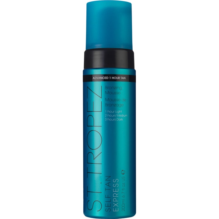 St. Tropez Self Tan Express Bronzing Mousse 200ml selvbruner giver solkysset glød i turkis flaske med blåt låg
