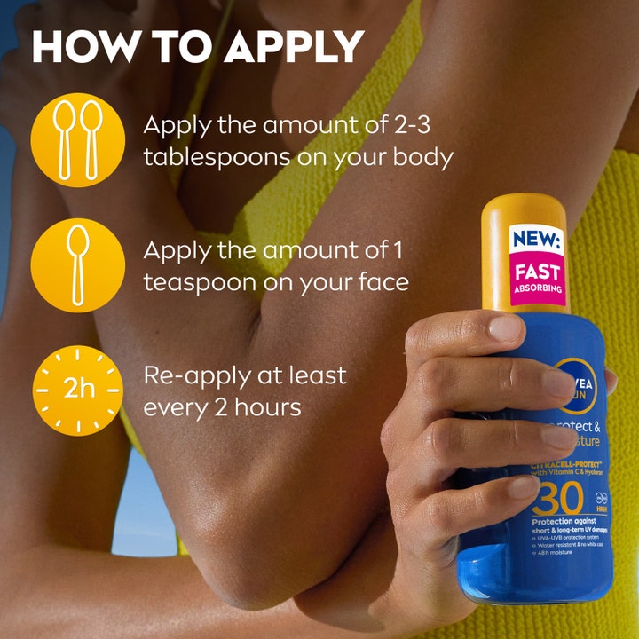 NIVEA Protect & Moisture Sun Spray SPF30 200 ml hurtigabsorberende solcreme viser påføringsguide og blå sprayflaske