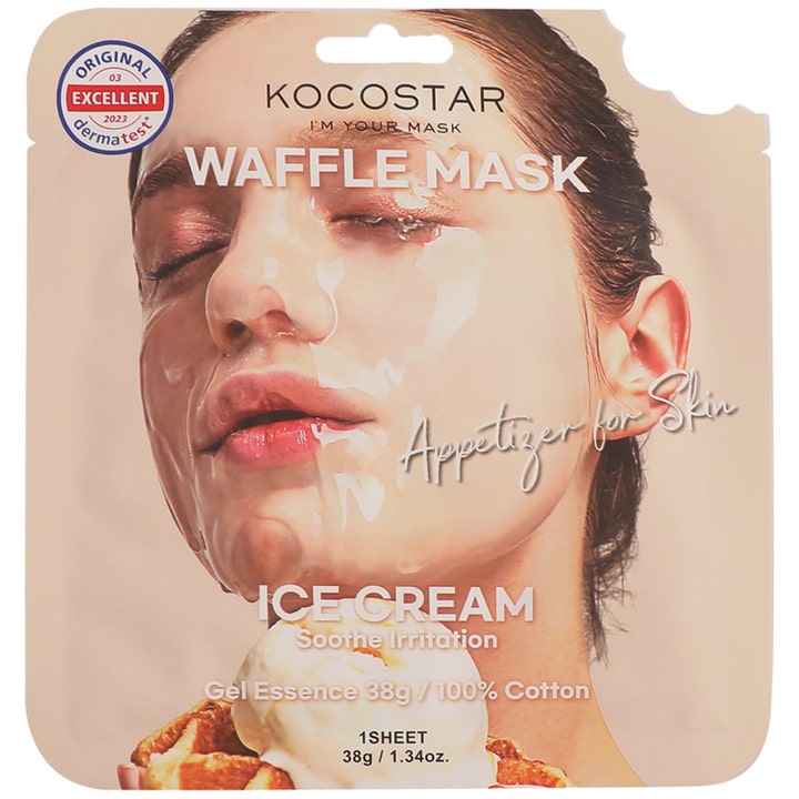 Kocostar Waffle Mask Ice Cream 40 g beroligende sheet mask i beige emballage med vaffelis og kvinde