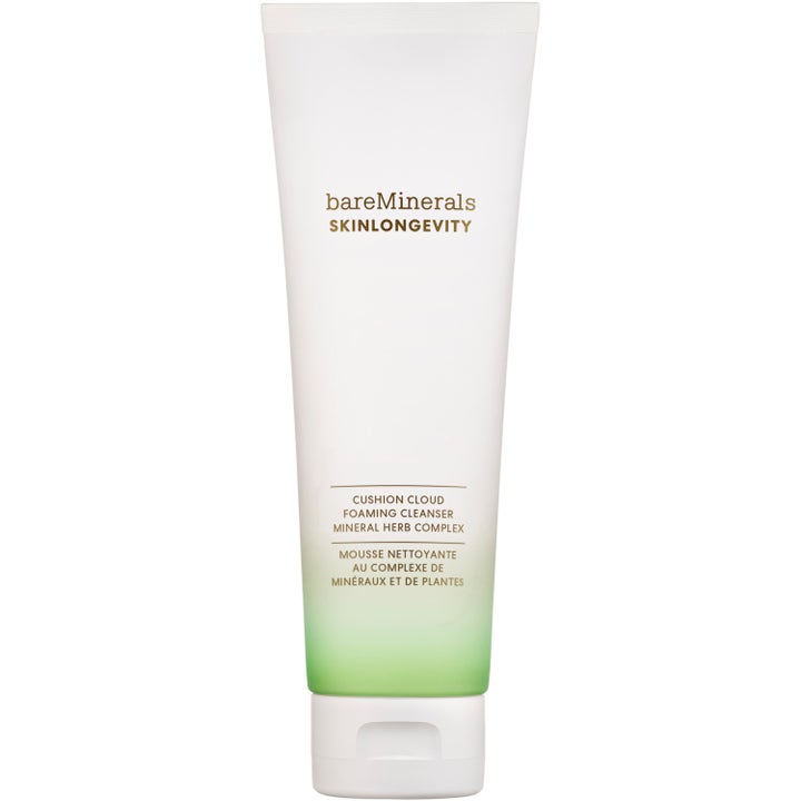 bareMinerals Skinlongevity Cushion Cloud Foaming Cleanser 120ml rensecreme i hvid tube med grøn gradient og guldskrift