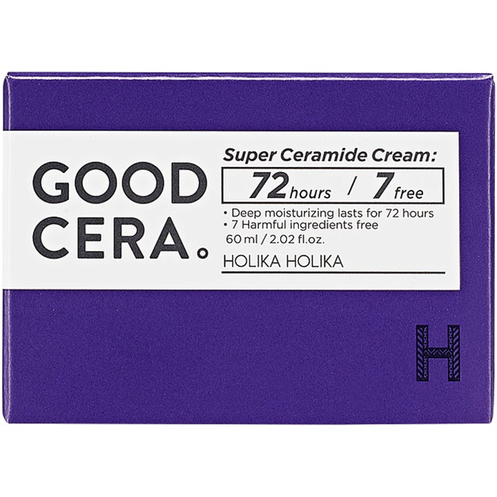 Holika Holika Good Cera Super Ceramide Cream 60 ml fugtgivende ansigtscreme i lilla æske med 72 timers effekt.