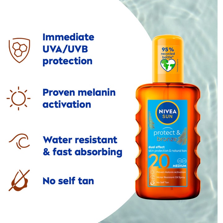 NIVEA Sun Protect & Bronze Oil 200 ml sololie i orange sprayflaske giver SPF 20 og naturlig kulør uden selvbruner.
