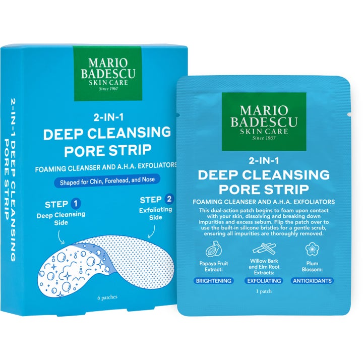 Mario Badescu 2-In-1 Deep Cleansing Pore Strip 6 stk eksfolierende ansigtsrens i blå pakning der fjerner urenheder