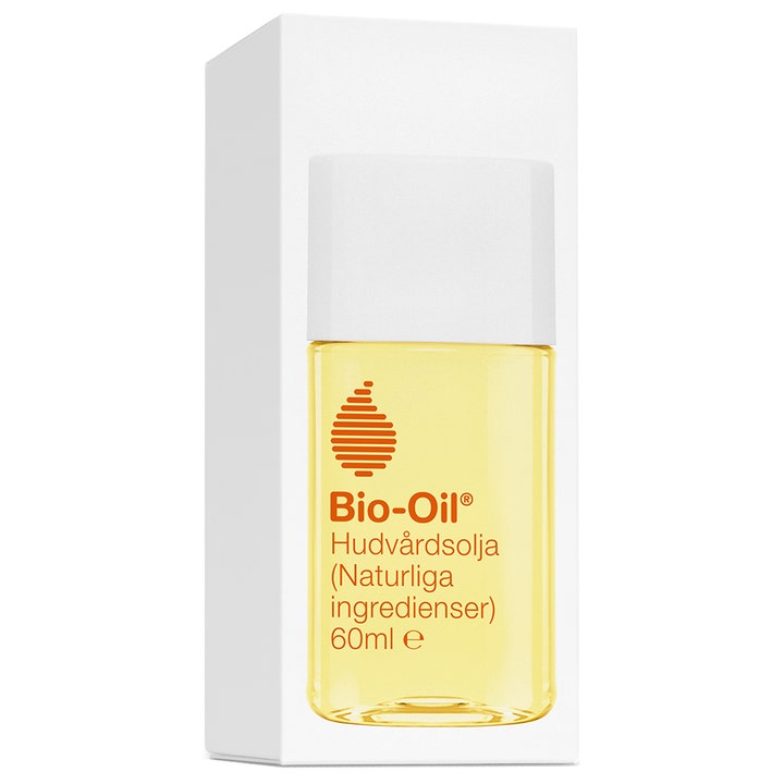 Bio-Oil Hudplejeolie 60 ml med naturlige ingredienser i gennemsigtig flaske med hvidt låg og hvid æske