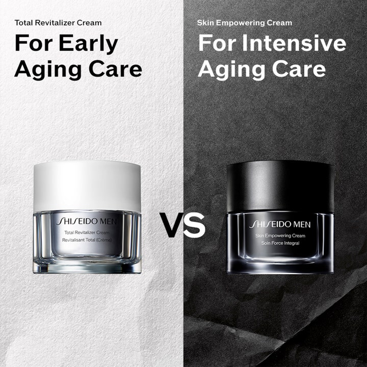 Shiseido Men Skin Empowering Cream 50 ml ansigtscreme til intensive aging care i sort krukke mod hvid krukke.