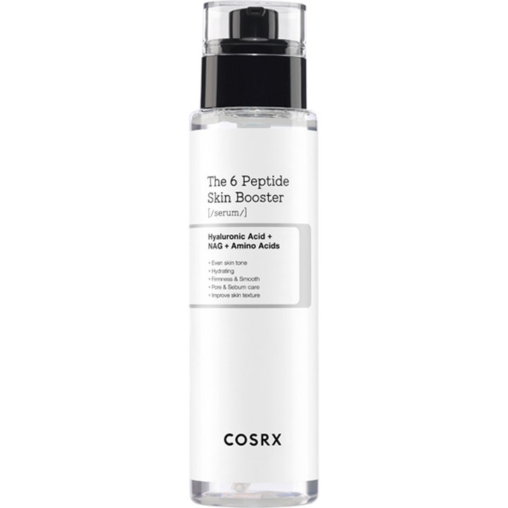 COSRX The 6 Peptide Skin Booster 150 ml fugtgivende serum i klar flaske med pumpe der giver en jævnere hudtone.