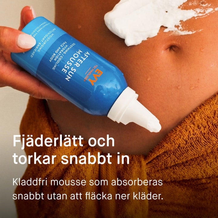 EVY Technology After Sun Mousse 150 ml giver 12 timers intens fugt vist med kvinde i gyldent sollys
