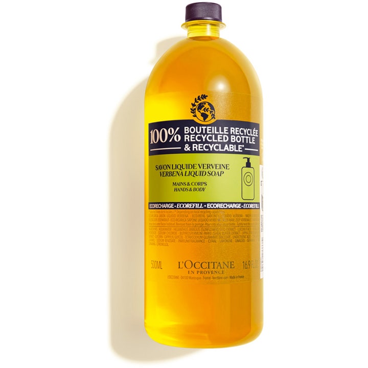 L'Occitane Verbena Liquid Soap 500ml opfriskende håndsæbe i en gul genanvendelig plastflaske med lilla skruelåg