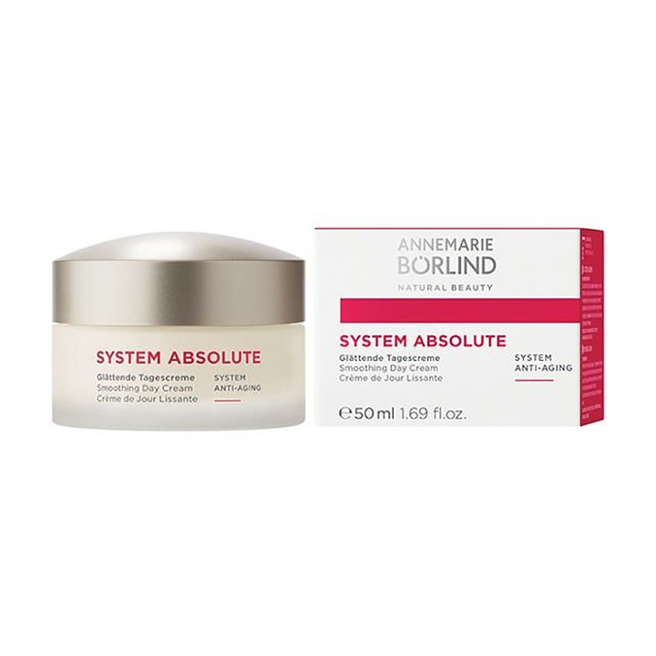 Annemarie Börlind System Absolute 50 ml udglattende dagcreme i frostet glaskrukke med sølvlåg og hvid æske.