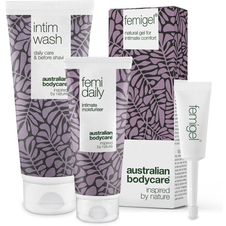 Australian Bodycare Intimsæt 3 dele til pleje mod kløe med hvide tuber og æske med lilla bladmotiv