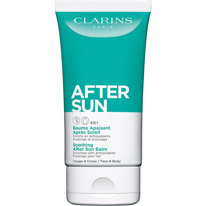 Clarins Soothing After Sun Balm beroligende kropspleje i turkis og hvid tube der giver fugt og holder på farven