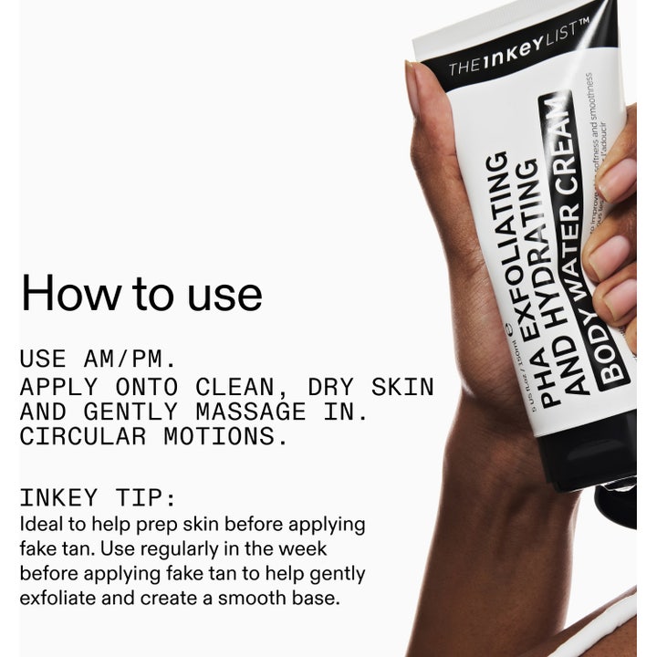 The INKEY List PHA Body Water Cream 150 ml eksfolierende creme i tube med instruktioner om påføring og tips til selvbruner.