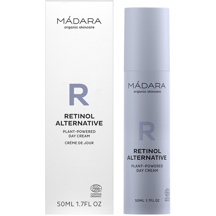 MÁDARA RETINOL ALTERNATIVE 50 ml opstrammende dagcreme i hvid æske og lys lilla pumpeflaske med et stort R