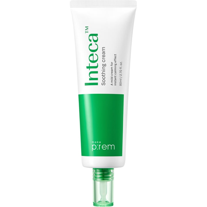 Make P:rem Inteca Soothing Cream 80 ml beroligende ansigtscreme i hvid tube med en grøn blok og gennemsigtigt låg.