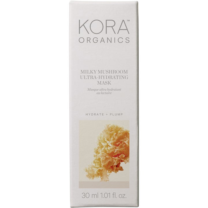 KORA Organics Milky Mushroom Ultra Hydrating Mask 30 ml fugtgivende ansigtsmaske i hvid æske med svampemotiv