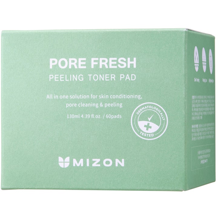 Mizon Pore Fresh Peeling Toner Pad 60 stk eksfolierende toner i lysegrøn papæske der renser porer