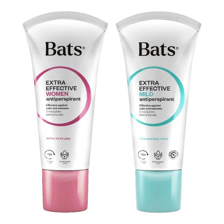 Bats Extra Effective Antiperspirant mod lugt to hvide tuber med røde og turkise detaljer der giver mild beskyttelse