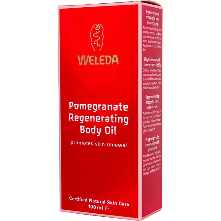 Weleda Pomegranate Regenerating Body Oil 100 ml i rød papæske der giver fastere hud med granatæble