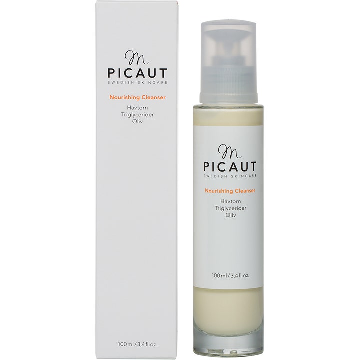 M Picaut Swedish Skincare Nourishing Cleanser 100 ml nærende ansigtsrens med havtorn i hvid æske og pumpeflaske
