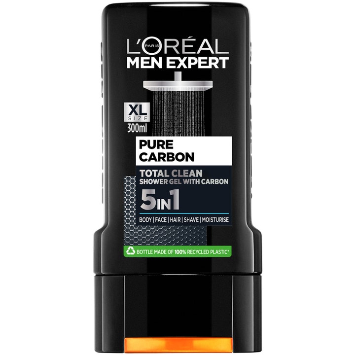L'Oréal Men Expert Pure Carbon Shower Gel 300ml giver total rens i en sort plastflaske med orange detalje.