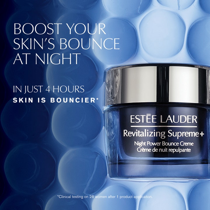 Estée Lauder Revitalizing Supreme + Night Power Bounce Creme 50 ml i blå krukke foran bobler