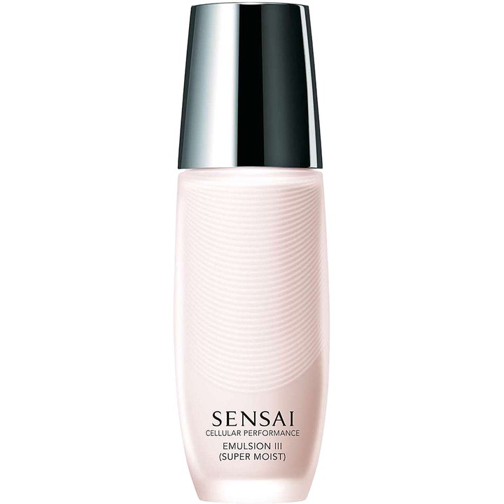 Sensai Cellular Performance Emulsion III Super Moist fugtgivende ansigtsemulsion i lyserød rillet flaske med skinnende sølvlåg
