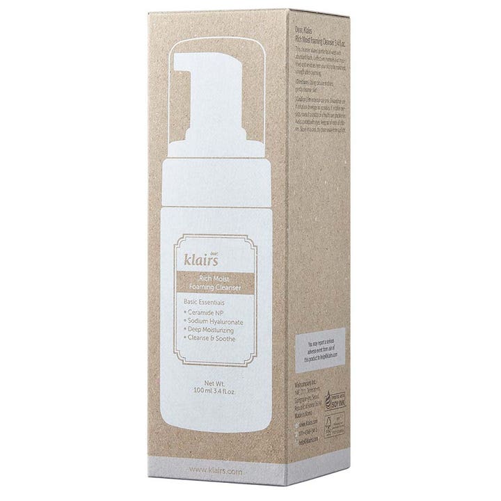 Klairs Rich Moist Foaming Cleanser 100 ml fugtgivende ansigtsrens i brun papemballage med hvid illustration