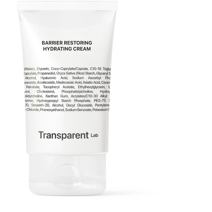 Transparent Lab Barrier Restoring Hydrating Cream fugtgivende ansigtscreme i hvid tube med ingrediensliste