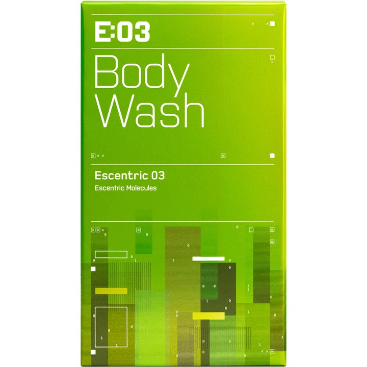 Escentric Molecules Escentric 03 Body Wash 200 ml i en limegrøn æske med grafiske mønstre og hvid tekst.