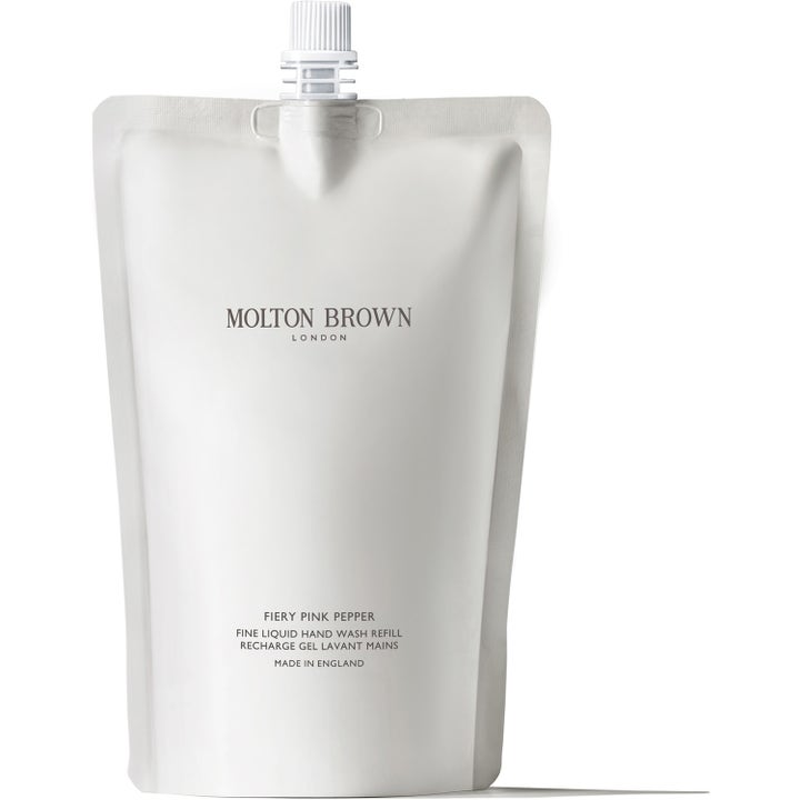 Molton Brown Fiery Pink Pepper Fine Liquid Hand Wash Refill velduftende håndsæbe i hvid pose med hvidt skruelåg