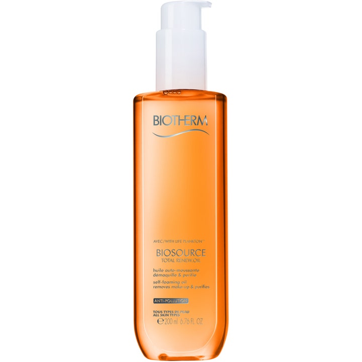 Biotherm Biosource Total Renew Oil 200 ml rensende ansigtsolie der renser huden i orange gennemsigtig flaske med hvid pumpe