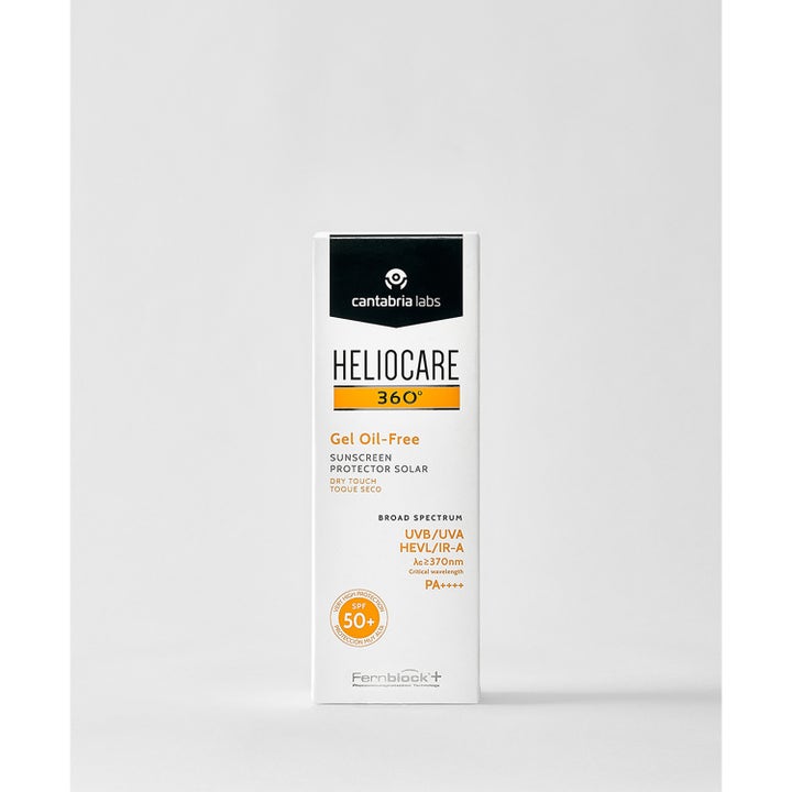 Heliocare 360 Gel Oil-Free 50 ml solcreme med SPF 50+ i hvid yderemballage med orange og sorte detaljer