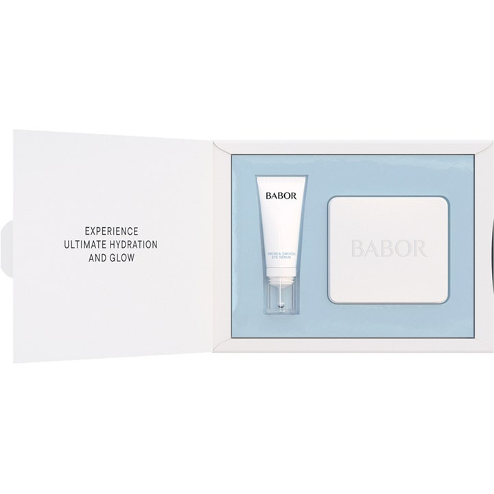 Babor Fresh & Smooth Eye Serum hudplejesæt til øjne i hvid gaveæske med blå detaljer der giver glød