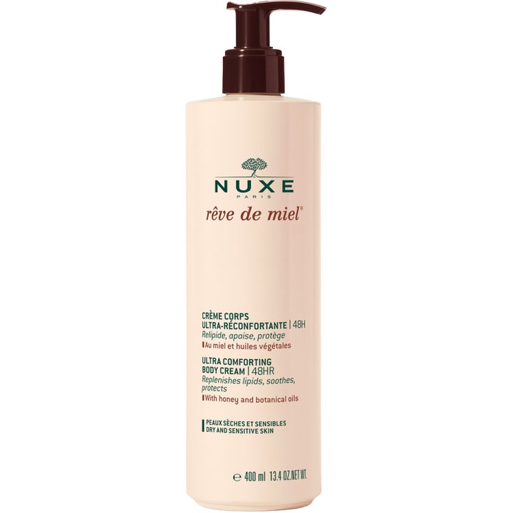 Nuxe Rêve de Miel Ultra Comforting Body Cream 400 ml nærende kropscreme til tør hud i beige flaske med mørkebrun pumpe