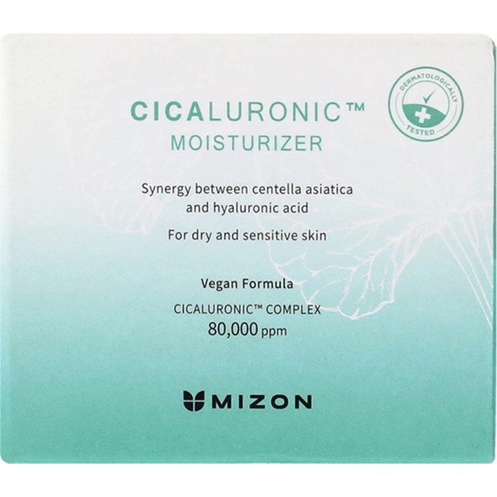 Mizon Cicaluronic Moisturizer 50 ml beroligende ansigtscreme i lysegrøn æske med centella asiatica og vegansk formel.