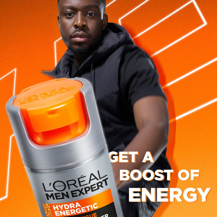 L'Oréal Paris Men Expert Hydra Energetic fugtighedscreme giver energi i en grå pumpeflaske med orange låg