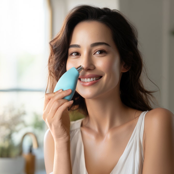 FOREO KIWI 1 stk beauty tech hudormsfjerner vist i brug af en kvinde på næsen for en renere og jævnere hud.