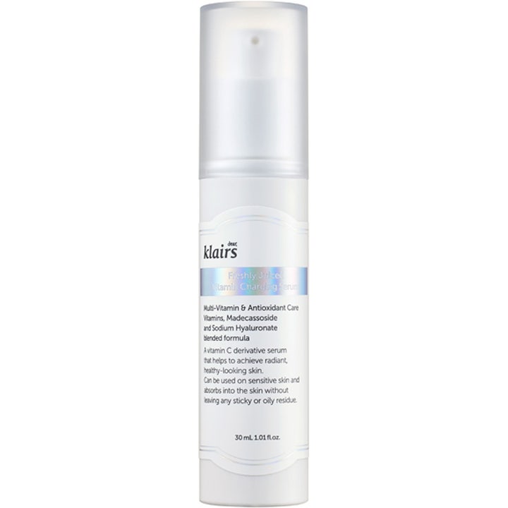 Klairs Freshly Juiced Vitamin Charging Serum 30 ml glødgivende Vitamin C serum i hvid pumpeflaske med frostet låg