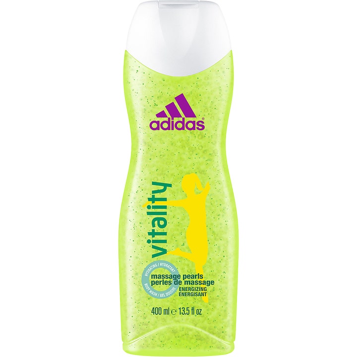 Adidas Vitality 400 ml energigivende body wash med grønne massageperler i en limegrøn gel og klar plastflaske